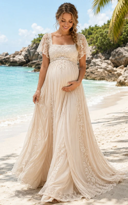 Boho-Umstandshochzeitskleid mit eckigem Ausschnitt, flatternden Ärmeln und Spitze/Tüll – Strandkleid