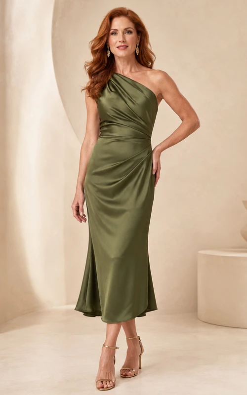 Olive Satin Midi Sheath Modern Mother of the Bride Cocktail Dress with One-Shoulder Draping and Fitted Waist
