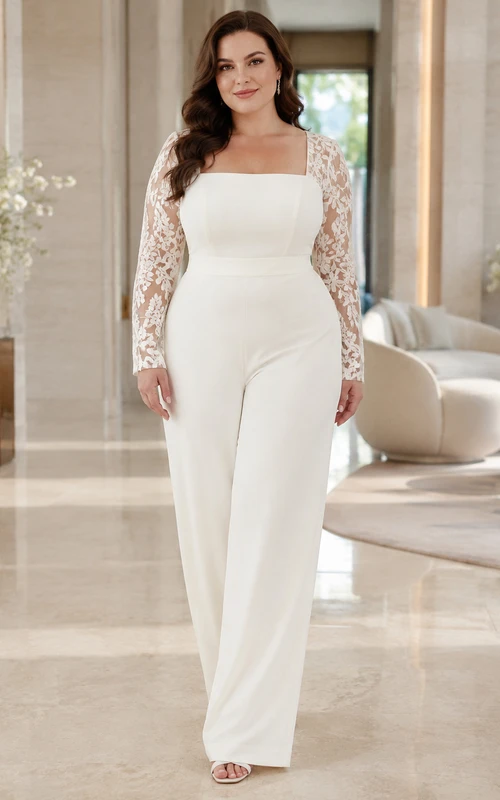 Braut-Jumpsuit aus Satin und Spitze mit eckigem Ausschnitt, langen Ärmeln und bodenlanger Länge