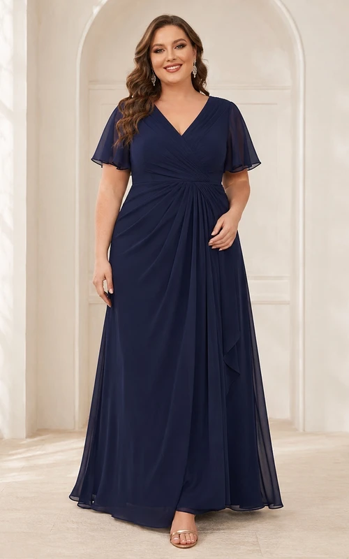 Ink Navy Modest Ruched Jersey Short-Sleeve A-Line Formal Gown