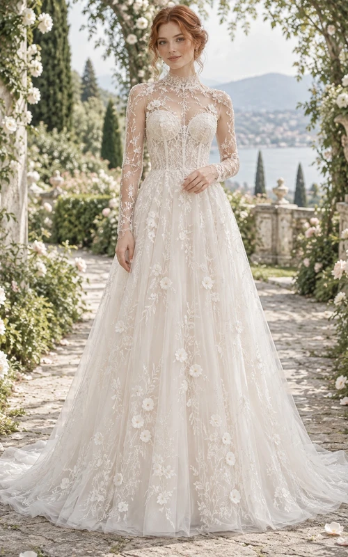 Robe de mariée trapèze en dentelle à pois, col montant et manches longues, style modeste.