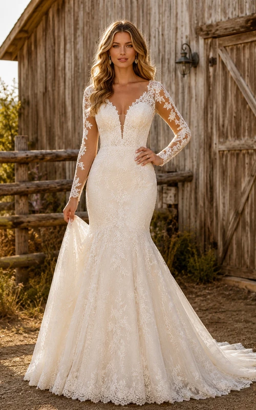 Vestido de novia de tul y encaje estilo campestre, corte sirena, escote en V, manga larga, cola de capilla.