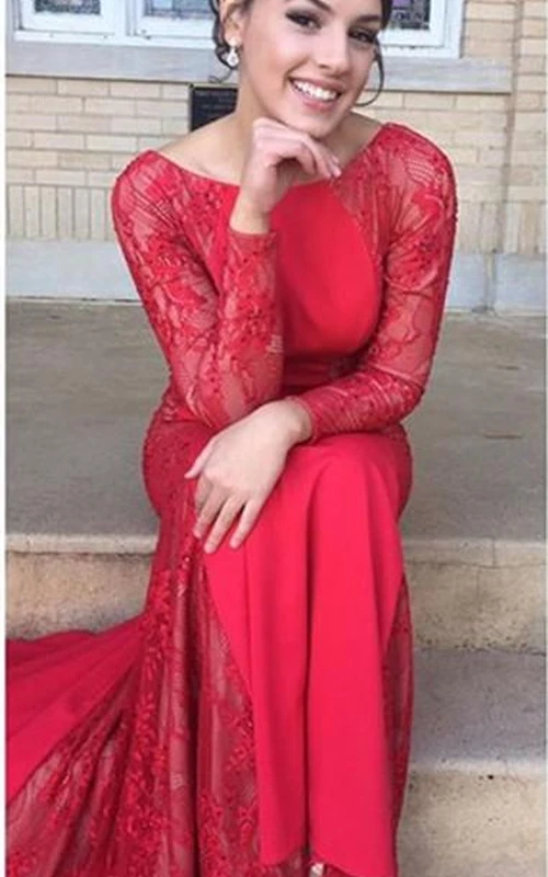Sexy vestido de noche rojo joya de encaje estilo sirena con mangas largas y cola larga.