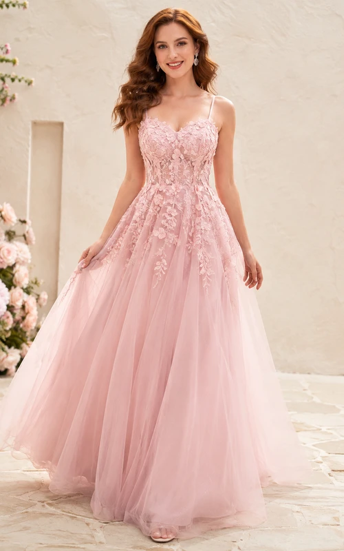 Petal Fantasy Blush A-Linien-Abendkleid mit V-Ausschnitt, ärmellos, romantisch, aus Tüll