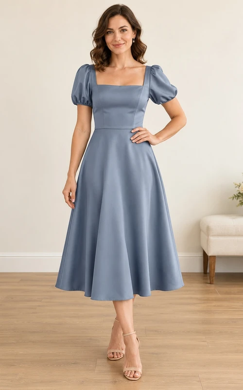 Vestido de dama de honor azul acero discreto, largo hasta la rodilla, escote cuadrado y mangas abullonadas
