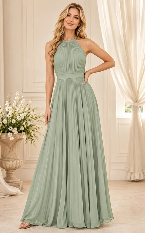 Robe de demoiselle d'honneur longue en mousseline plissée, sans manches, dos nu, couleur sauge