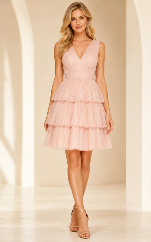 Vestido de cóctel de tul escalonado con escote en V color rosa empolvado