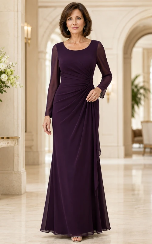 Elegantes, figurschmeichelndes Abendkleid für reife Mütter mit eckigem Ausschnitt, langen Ärmeln und seitlichen Raffungen im Meerjungfrauenstil (bodenlang)