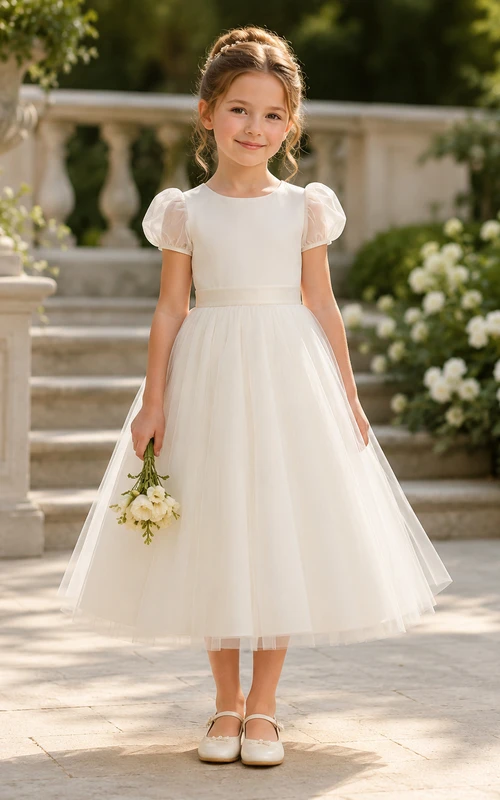 Vestido de niña de flores moderno y elegante color marfil con lazo en la espalda, corte en A, mangas cortas, cuello redondo y falda hasta la rodilla.