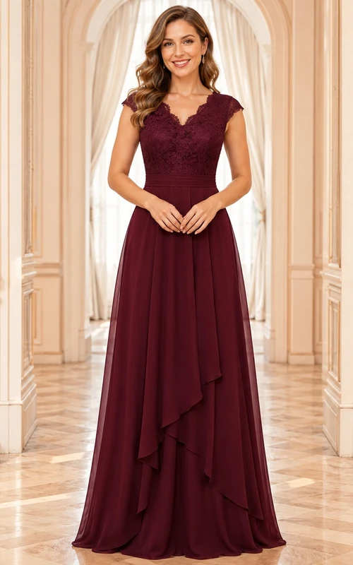 Burgundy Lace V-Neck Short Sleeve Tiered Formal Dress