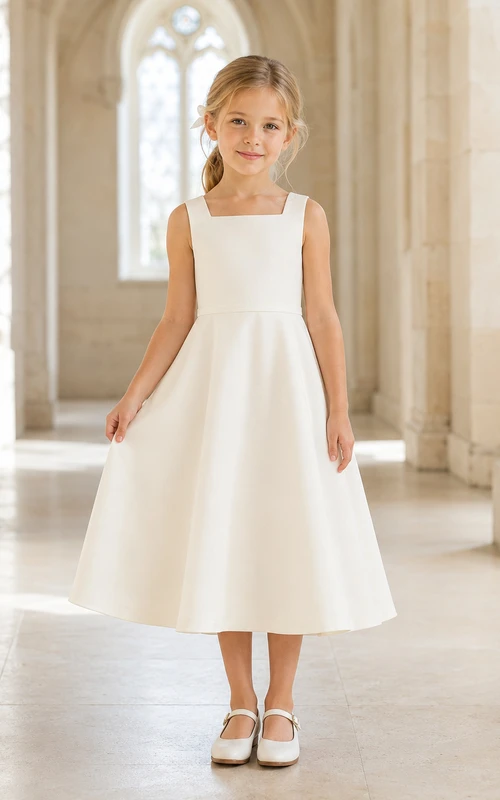 Elegante vestido de niña de las flores con corte en A, escote cuadrado, sin mangas, de satén color marfil y lazo en la espalda para ceremonia.