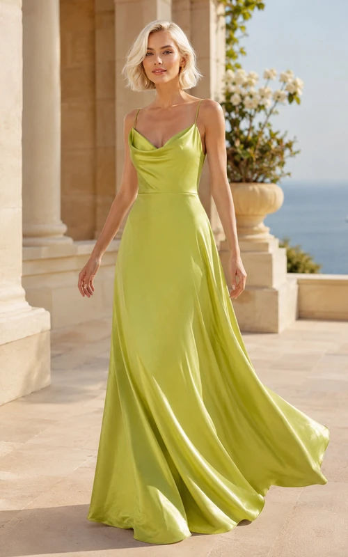 Robe de mariée vert citron à col bénitier et fines bretelles spaghetti en satin, coupe trapèze, robe de mariée trapèze en satin à bretelles spaghetti et col roulé.