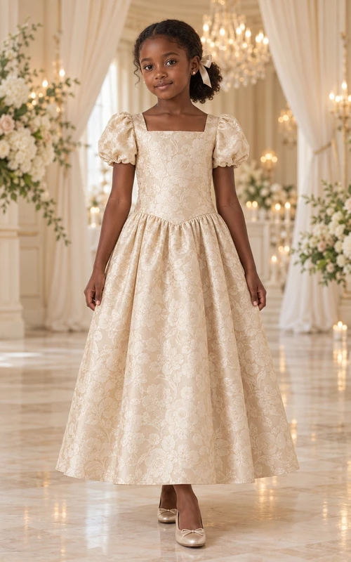Square-Neck Champagne Floral-textured A-line Puff-sleeve Ankle-length Gathered Bow-back Flower Girl Dress