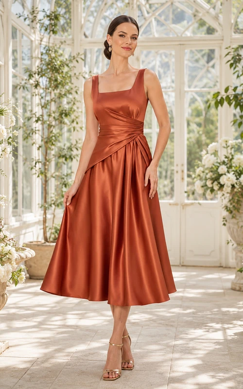 Terracotta Square Neck Draped Satin A Line Midi Guest Dress