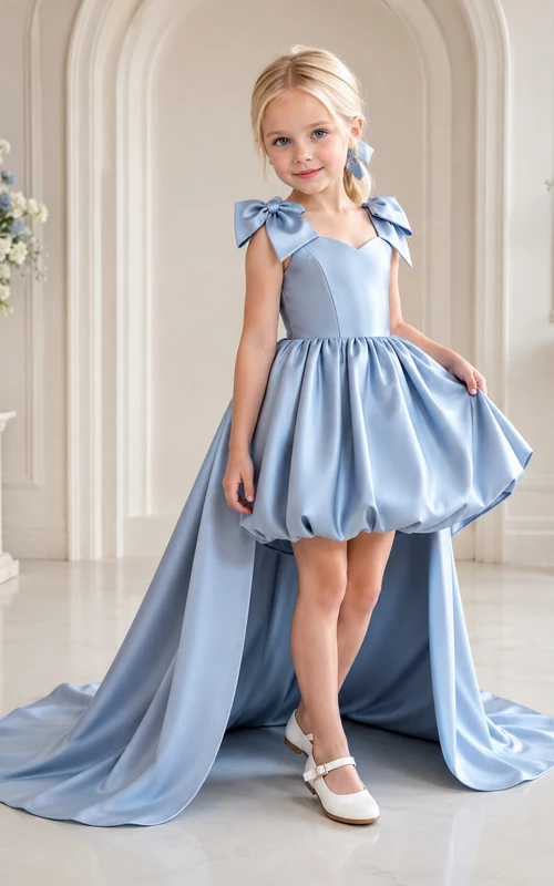 Blumenmädchenkleid, stahlblau, Satin, A-Linie, Rundhalsausschnitt, asymmetrischer Saum, Schleifendetail