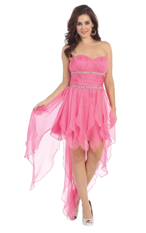 Ärmelloses Chiffonkleid in A-Linie mit asymmetrischem Saum, Perlenstickerei und Falten