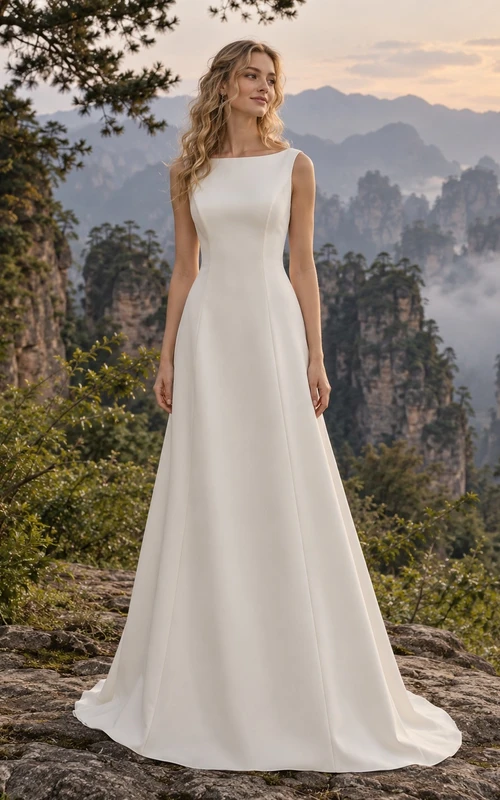Vestido de novia sencillo y modesto, sin mangas, con escote barco y corte en A.