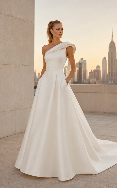 Robe de mariée moderne plissée à une épaule en satin, coupe trapèze, traîne courte.