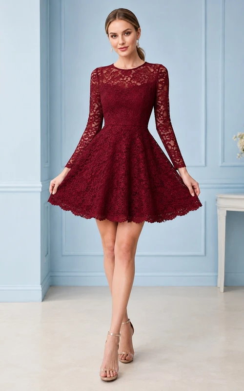 Robe de cocktail courte bordeaux à col montant et dentelle festonnée, coupe trapèze, col montant