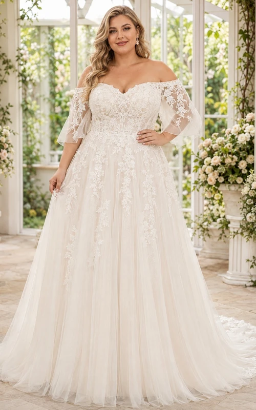 Lace Off-Shoulder Plus-Size A-Line Floor-Length Sweep Train Three-Quarter-Sleeve Bridal Gown
