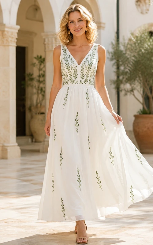 White Green Floral Embroidered V-Neck Chiffon A-Line Ankle-Length Garden Guest Dress
