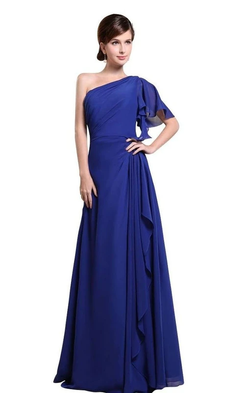 Vestido largo de gasa con mangas drapeadas y un solo hombro