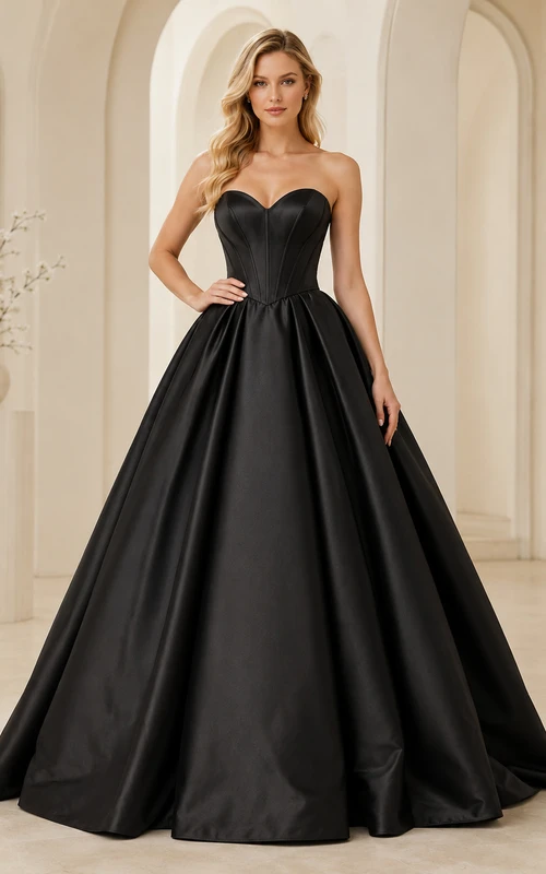 Klassisches schwarzes Satin-Ballkleid, bodenlang, mit Schleppe, trägerlos, herzförmiger Ausschnitt, ärmellos, luxuriös und elegant – perfekt für Abschlussball, Abendveranstaltung oder festliche Anlässe.