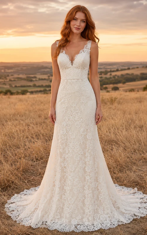 Robe de mariée champêtre en tulle et dentelle, coupe trapèze, bustier cœur, traîne, dos corset lacé
