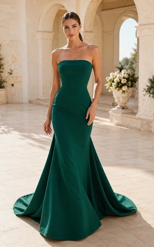 Vestido de novia moderno de satén verde esmeralda sin tirantes, corte sirena, cola larga.