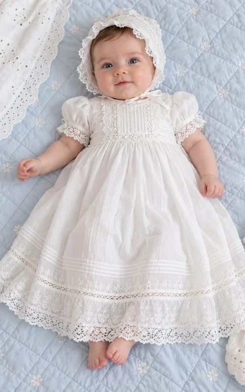 White Puff Sleeve Pintucked Lace Panel Long Baby Baptism Dress