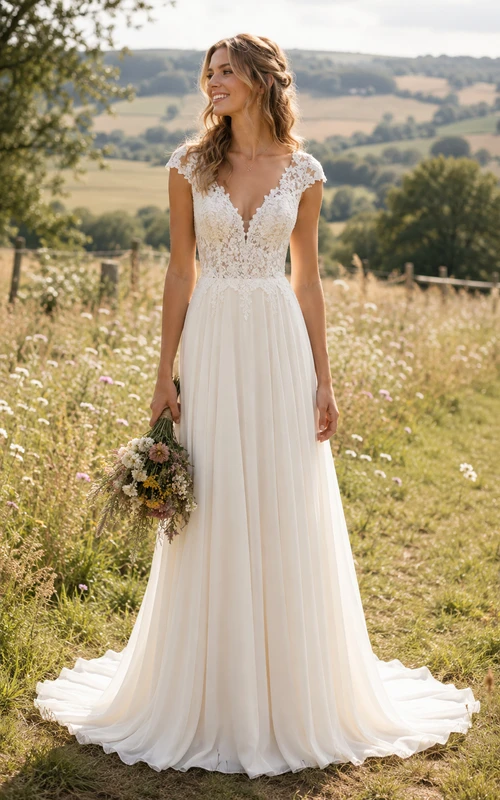 Vestido de novia de gasa con escote en V y corte en A, estilo campestre, con encaje.