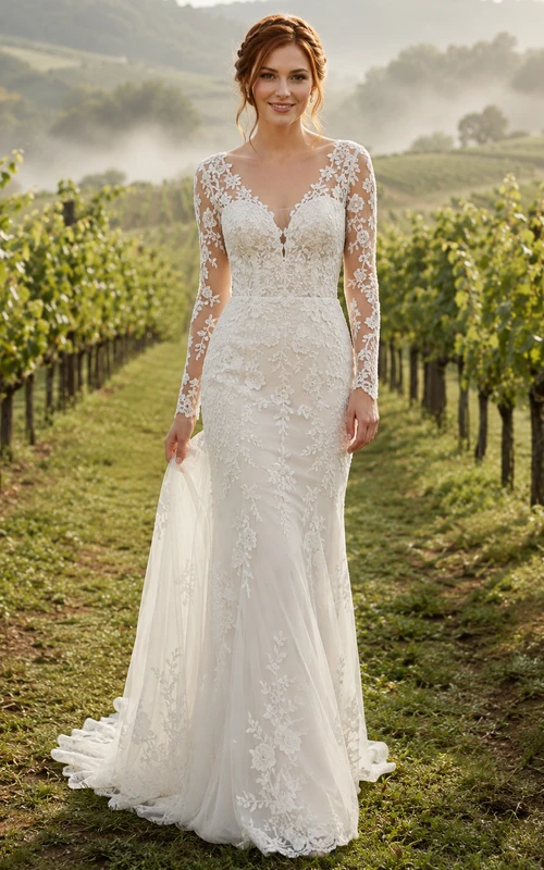 Country Lace Wedding Dress Mermaid Sweetheart Long Sleeve Sweep Train Low V Back Bridal Gown