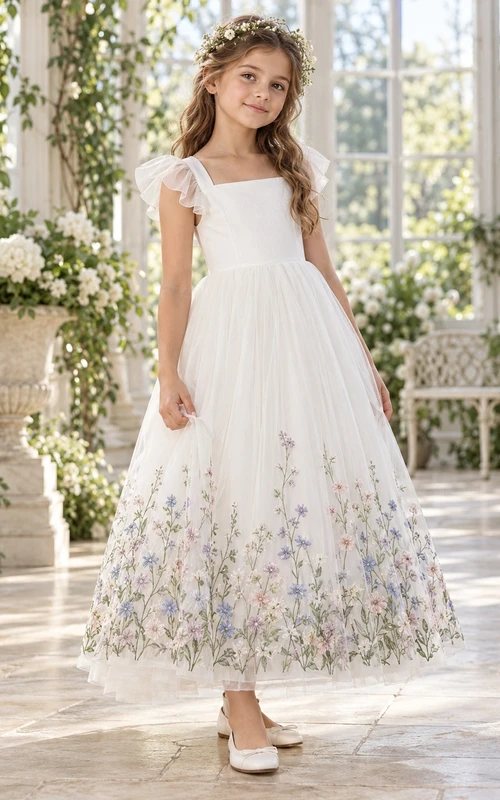 Vestido de niña de flores de tul color marfil, corte en A, largo hasta los tobillos, mangas con volantes y dobladillo bordado con motivos botánicos.