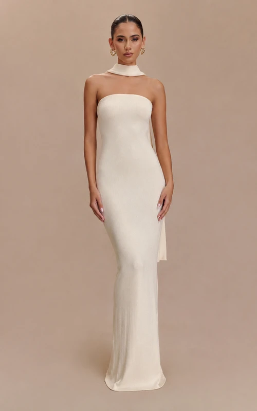 Jersey Evening Dress in Ivory, Strapless Sheath Floor-Length Gown with Cape