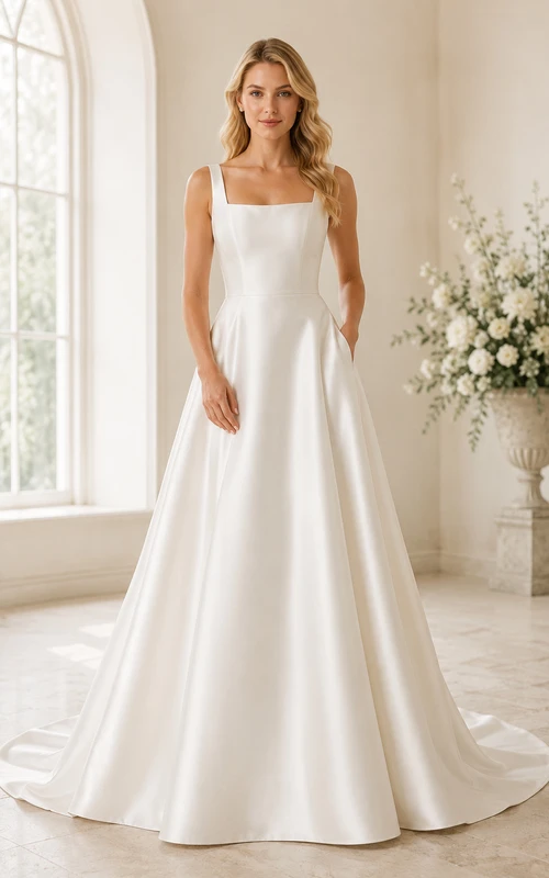 Satin-Brautkleid in A-Linie mit eckigem Ausschnitt und Taschen