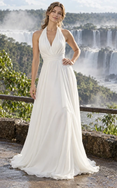 Brautkleid aus Crêpe mit Neckholder-Ausschnitt, drapiertem Oberteil und fließendem A-Linien-Rock