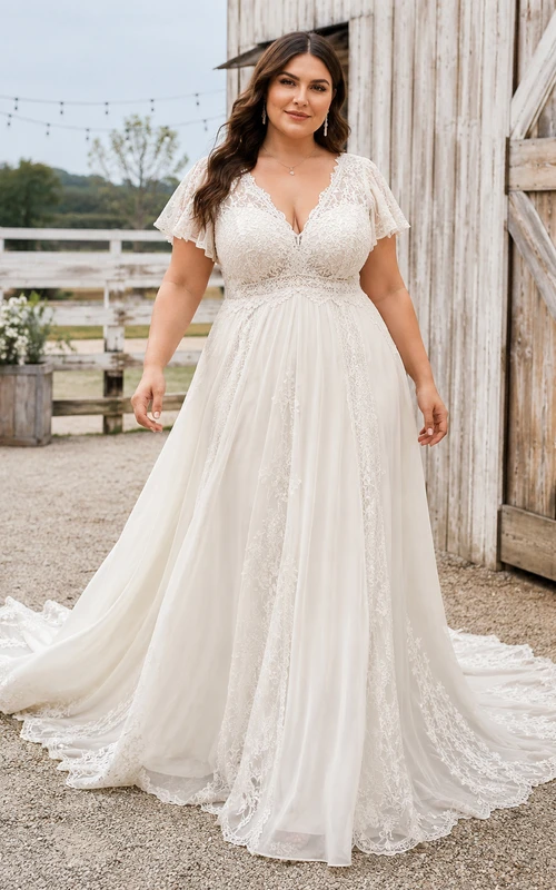 Plus Size Romantic V-Neck Short Flutter Sleeve Floral Lace A-Line Chapel Train Wedding Dress