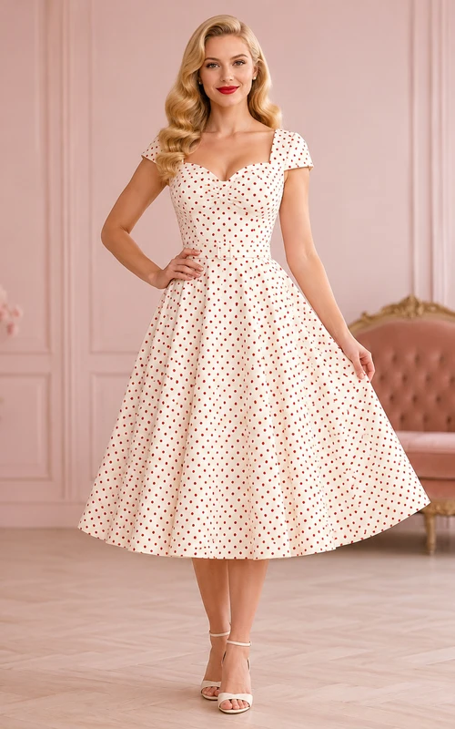 Polka Memory Ivory A-Line Tea-Length Square Short-Sleeve Satin Vintage Guest Dress