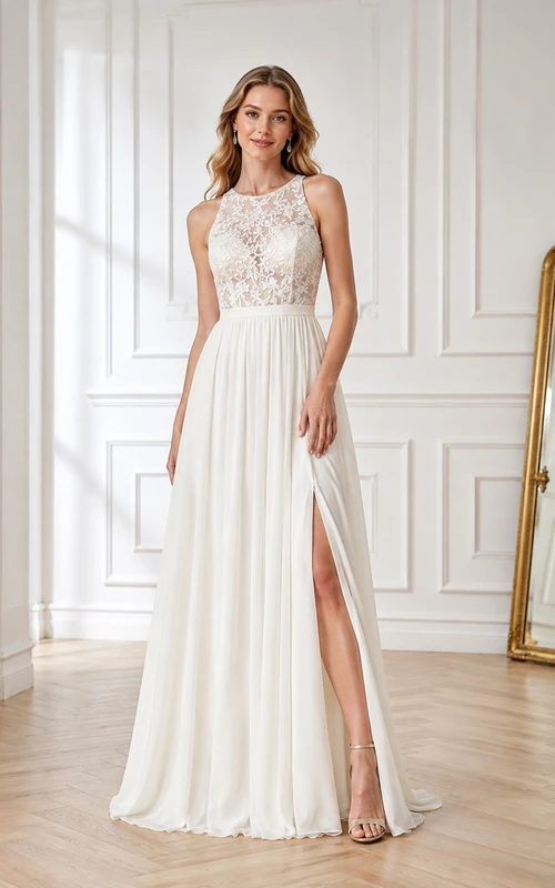 Ärmelloses, bodenlanges Brautkleid in A-Linie mit Schlitz und Spitzen-Tüllträgern