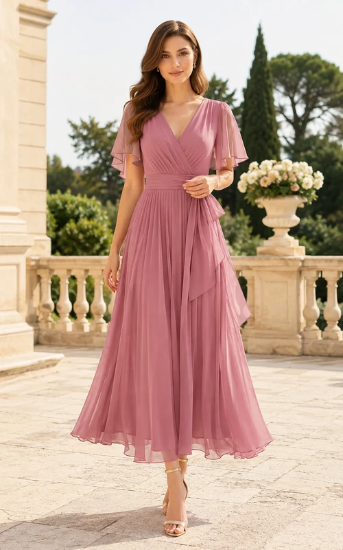 Vestido de cóctel Cerimonia color rosa empolvado con escote en V, mangas acampanadas, plisado, de gasa y corte en A, largo hasta la rodilla.