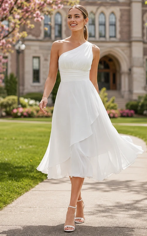 Vestido de cóctel moderno blanco de un solo hombro, de gasa drapeada y corte asimétrico, ideal para graduaciones.
