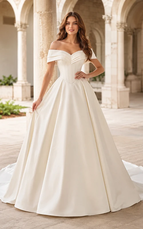 Robe de bal en satin à épaules dénudées et à traîne chapelle, boutonnée