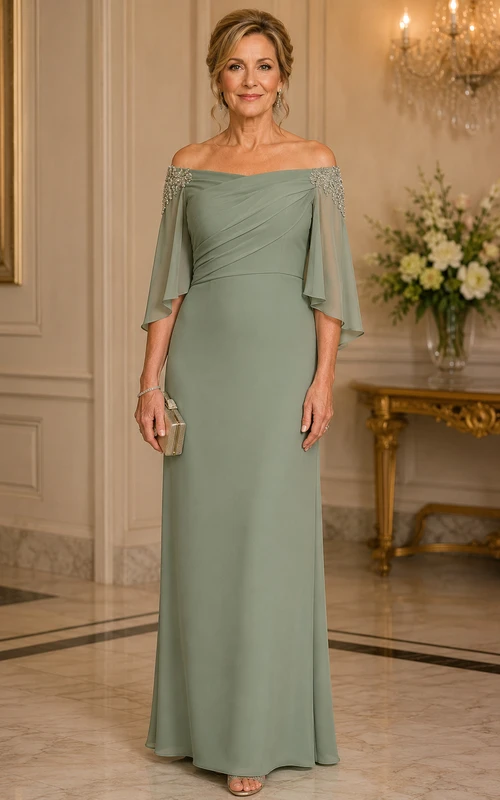 Vestido de madre color salvia con mangas con volantes y hombros descubiertos