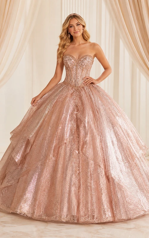 Vestido de fiesta formal de princesa de princesa, sin tirantes, con escote corazón y acabado metálico, color rosa empolvado, de lujo.