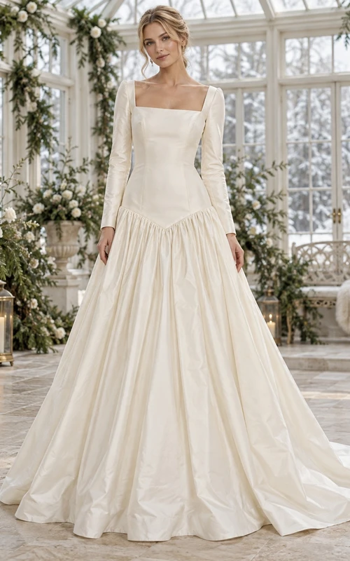 Vestido de novia de tafetán con escote cuadrado, manga larga y cintura baja