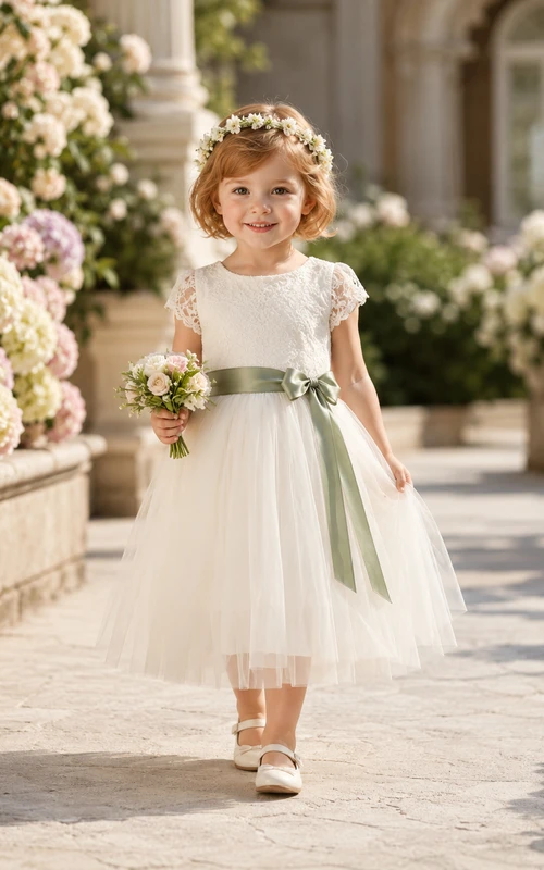 Blumenmädchenkleid aus elfenbeinfarbenem Tüll, A-Linie, Rundhalsausschnitt, Teelänge, Schleifendetail