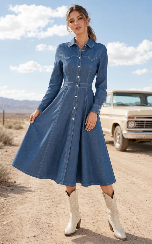 Steel Blue Notched Button Belted A-Line Country Shirt Dress Casual