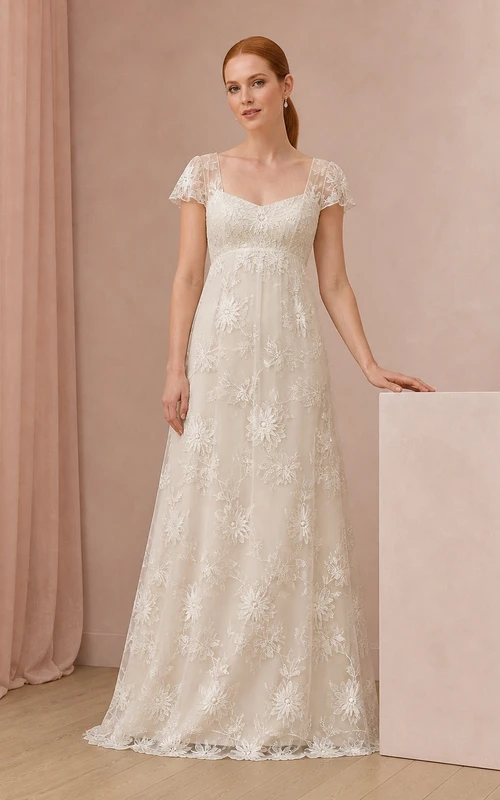 Vestido de novia romántico de encaje con escote cuadrado y mangas cortas estilo imperio