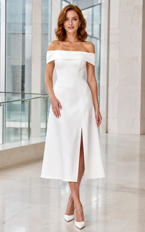 Vestido de novia civil moderno de satén con hombros descubiertos, manga corta, abertura frontal, corte en A y largo hasta la rodilla.