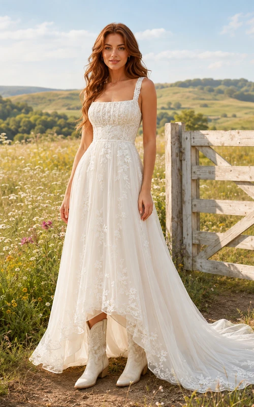 Vestido de novia de tul y encaje estilo campestre, corte en A, tirantes finos, cola capilla y escote en V bajo en la espalda.